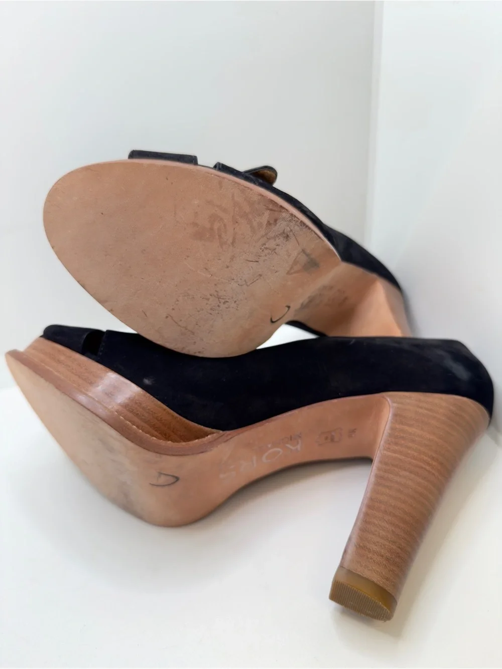 Michael Kors Black Suede Peep-Toe Block Heel Pumps with Buckle